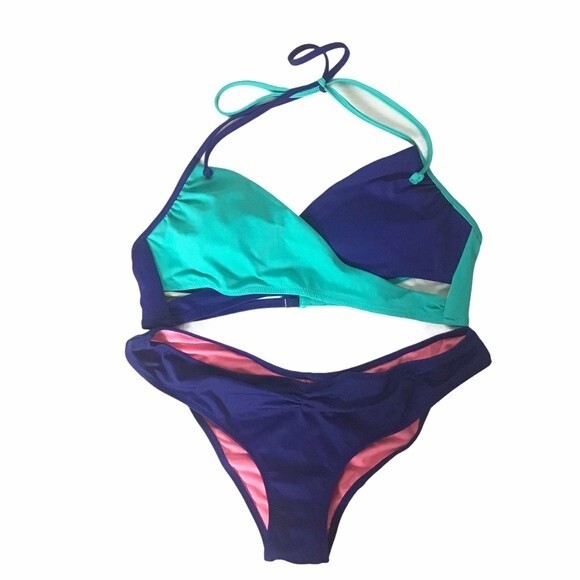 PINK Victoria’s Secret Halter Bikini Royal Blue and Turquoise - Picture 1 of 4
